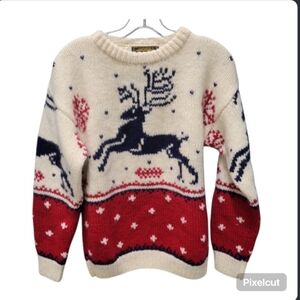 Vintage Eddie Bauer Wool Reindeer Christmas Sweater Size Small